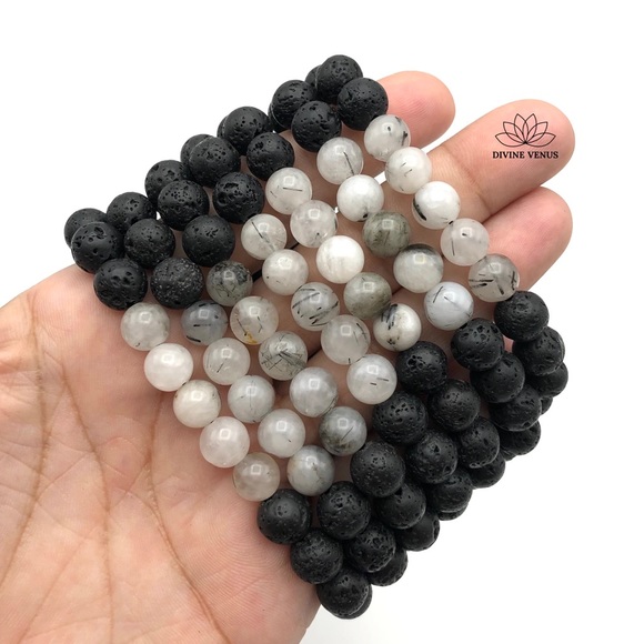 Tourmalinated Quartz x Lava Beads Stretch Bracelet - Picture 7 of 7